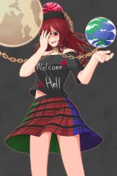 Rule 34 | 1girl, absurdres, black shirt, chain, clothes writing, collar, covering one eye, cowboy shot, earth (ornament), grey background, hecatia lapislazuli, highres, long hair, moon (ornament), multicolored clothes, multicolored skirt, off-shoulder shirt, off shoulder, open mouth, ozu (agito100001), red eyes, red hair, shirt, skirt, smile, solo, t-shirt, touhou