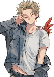 Rule 34 | 1boy, ;), artist name, belt, black pants, blue jacket, boku no hero academia, closed mouth, cowboy shot, earrings, facial hair, feathered wings, forehead, goatee, hand up, hawks (boku no hero academia), jacket, jewelry, kadeart, long sleeves, looking at viewer, male focus, mini wings, navel, off shoulder, one eye closed, open clothes, open jacket, pants, pocket, red wings, shirt, short hair, short sleeves, simple background, smile, solo, spiked hair, split mouth, stubble, symbol-only commentary, thick eyebrows, white background, white shirt, wings, yellow eyes