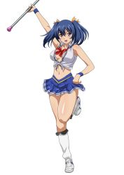 Rule 34 | 00s, 1girl, :d, arm up, bashoku youjou, blue hair, bow, breasts, female focus, hair ornament, ikkitousen, midriff, miniskirt, navel, no bra, open mouth, short twintails, simple background, skirt, smile, solo, twintails, white background
