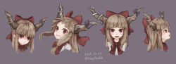 Rule 34 | 1girl, blue bow, bow, bowtie, closed mouth, commentary request, cropped shoulders, dated, expressionless, fang, fangs, from side, grey background, hair bow, highres, horn bow, horn ornament, horns, ibuki suika, kagikake, light blush, light brown hair, long hair, looking at viewer, multiple views, open mouth, portrait, profile, red bow, red eyes, red neckwear, shaft look, shirt, sideways mouth, simple background, skin fang, skin fangs, slit pupils, smile, straight-on, touhou, twitter username, white shirt