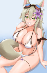 Rule 34 | 1girl, absurdres, animal ear fluff, animal ears, arm support, bikini, blonde hair, breasts, cleavage, collarbone, fingernails, flower, goggles, goggles on head, green eyes, grin, hair between eyes, hair flower, hair ornament, highres, large breasts, lily the mechanic, long hair, looking at viewer, lost pause, navel, original, rikadoh, sitting, skindentation, smile, solo, swimsuit, tail, tan, teeth, white bikini