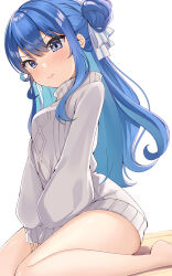 Rule 34 | 1girl, absurdres, alternate costume, autumn, bare legs, barefoot, blue eyes, blue hair, blush, breasts, cable knit, closed mouth, colored inner hair, dutch angle, from below, furrowed brow, hair between eyes, hair bun, highres, hololive, hoshimachi suisei, light blue hair, long hair, long sleeves, looking at viewer, medium breasts, mia (mk2022), multicolored hair, ribbon, seiza, sidelocks, sitting, sleeveless, sleeveless turtleneck, sleeves past wrists, small breasts, solo, sweater, turtleneck, v arms, virtual youtuber, wooden floor