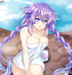 Rule 34 | 1girl, arm between legs, bad id, bad pixiv id, blue eyes, blush, braid, breasts, bucket, cleavage, collarbone, commentary, english commentary, hair between eyes, highres, lewdkuma, long hair, looking at viewer, medium breasts, naked towel, neptune (series), onsen, open mouth, power symbol-shaped pupils, purple hair, purple heart (neptunia), sitting, soap, solo, sparkle, symbol-shaped pupils, towel, twin braids, white towel, wooden bucket