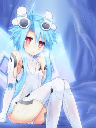 Rule 34 | 10s, 1girl, ahoge, bare shoulders, blanc (neptunia), blue hair, blush, bodysuit, crossed legs, elbow gloves, gauntlets, gloves, haru blanc0316, highres, leotard, looking at viewer, mecha musume, neptune (series), open mouth, parted lips, power symbol, power symbol-shaped pupils, red eyes, short hair with long locks, sidelocks, sitting, solo, sweat, symbol-shaped pupils, thighhighs, white heart (neptunia)