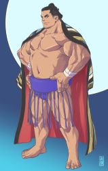 Rule 34 | 1boy, bara, barefoot, black hair, blue background, brown eyes, commission, copyright request, full body, hands on own hips, looking at viewer, male focus, mawashi, muscular, navel, official art, pectorals, ryuuki garyuu, simple background, solo, standing, sumo, wristband