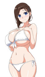 Rule 34 | 1girl, alternate breast size, blue eyes, blush, breasts, brown hair, covered erect nipples, curvy, feet out of frame, female focus, getsuyoubi no tawawa, hands on own chest, head tilt, hip focus, huge breasts, kouhai-chan (tawawa), large breasts, light blush, looking at viewer, medium hair, navel, nipples, simple background, smile, solo, stomach, thick thighs, thighs, upper body, white background, wide hips