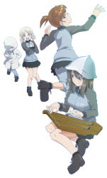 Rule 34 | 4girls, absurdres, aki (girls und panzer), ankle boots, baseball cap, black footwear, blue headwear, blue jacket, blue pants, blue skirt, boots, brown eyes, brown hair, closed mouth, coat, commentary request, floating, girls und panzer, green eyes, grey socks, hair tie, hands in pockets, hat, highres, holding, holding instrument, hood, hood up, hooded coat, instrument, interlocked fingers, jacket, kantele, keizoku military uniform, light brown hair, long hair, long sleeves, looking at another, looking at viewer, looking back, low twintails, mika (girls und panzer), mikko (girls und panzer), military, military uniform, miniskirt, multiple girls, music, own hands together, pants, pants under skirt, playing instrument, pleated skirt, raglan sleeves, saitaniya ryouichi, short twintails, simple background, skirt, smile, socks, track jacket, track pants, tulip hat, twintails, uniform, white background, white coat, youko (girls und panzer)