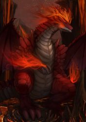 Rule 34 | bad id, bad pixiv id, claws, cliff, commentary request, dragon, embers, fantasy, fire, looking at viewer, lava, monster, no humans, original, outdoors, red eyes, red sky, scales, sky, slit pupils, standing, tail, usagino suzu, wings