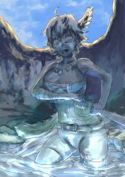 Rule 34 | 1girl, belt, breasts, cleavage, female focus, jewelry, kome aisu, necklace, open mouth, petrification, short hair, solo, sword, weapon