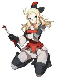 Rule 34 | 1girl, ahoge, armor, armored dress, blonde hair, blue eyes, boots, bow, bravely default: flying fairy, breast hold, breasts, covering privates, covering breasts, dirty, edea lee, full body, hair bow, hair ribbon, huge ahoge, kabosu, katana, knee boots, kneeling, long hair, looking at viewer, open mouth, pantyhose, parted lips, ribbon, sheath, sheathed, solo, sweat, sword, weapon