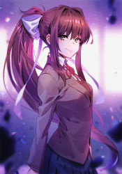 Rule 34 | 1girl, blazer, blue skirt, blurry, blurry background, bow, brown hair, brown jacket, closed mouth, collared shirt, depth of field, doki doki literature club, enomaru saku, from side, green eyes, hair bow, hair intakes, jacket, long hair, long sleeves, looking at viewer, looking to the side, miniskirt, monika (doki doki literature club), neck ribbon, pleated skirt, ponytail, red ribbon, ribbon, school uniform, shirt, sidelocks, skirt, smile, solo, sweater vest, undershirt, upper body, very long hair, white bow, white shirt, wing collar