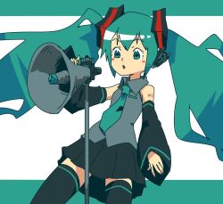 Rule 34 | 1girl, aqua eyes, aqua hair, aqua necktie, bare shoulders, black footwear, black skirt, blush stickers, boots, bozo (nok-peg), commentary, detached sleeves, grey shirt, hatsune miku, headset, long hair, looking to the side, musical note, necktie, open mouth, pleated skirt, shirt, shoulder tattoo, skirt, sleeveless, sleeveless shirt, solo, speaker, tattoo, thigh boots, very long hair, vocaloid