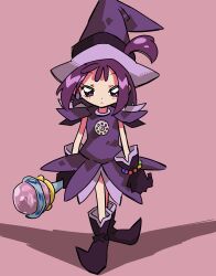 Rule 34 | 1girl, absurdres, chieo, closed mouth, dress, earrings, full body, gloves, hat, highres, holding, holding wand, jewelry, looking at viewer, magical girl, ojamajo doremi, one side up, pink background, pointy footwear, purple dress, purple eyes, purple footwear, purple gloves, purple hair, segawa onpu, short hair, simple background, solo, standing, wand, witch hat