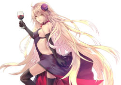 Rule 34 | 1girl, :d, absurdly long hair, ahoge, applekun, backless dress, backless outfit, black gloves, black thighhighs, blonde hair, breasts, butt crack, choker, cup, dress, elbow gloves, fate/grand order, fate (series), floating hair, flower, from side, gloves, hair flower, hair ornament, holding, holding cup, jeanne d&#039;arc (fate), jeanne d&#039;arc alter (avenger) (fate), jeanne d&#039;arc alter (avenger) (third ascension) (fate), jeanne d&#039;arc alter (fate), long hair, medium breasts, official alternate costume, open mouth, pixiv fate/grand order contest 2, purple dress, purple flower, red ribbon, red wine, ribbon, ribbon choker, sideboob, simple background, sleeveless, sleeveless dress, smile, solo, strapless, strapless dress, thighhighs, very long hair, white background, wine, yellow eyes
