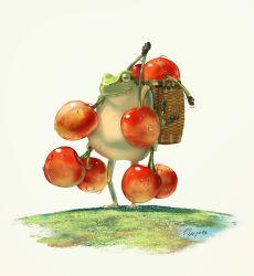 Rule 34 | absurdres, animal, animal focus, backpack, bag, basket, carrying overhead, cherry, food, frog, fruit, full body, grass, green eyes, grey background, hachiya shohei, highres, holding, holding food, holding fruit, no humans, original, simple background, smile, standing, water drop, wet