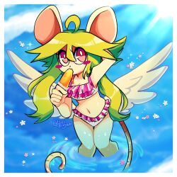 Rule 34 | 1girl, ahoge, alternate costume, animal ears, arm behind head, bikini, blush stickers, boxyam, breasts, cleavage, commentary, english commentary, feathered wings, flower, food, frilled bikini, frills, green hair, hair between eyes, highres, ice cream, looking up, mad rat dead, mouse ears, mouse girl, mouse tail, navel, ocean, rat god (mad rat dead), red eyes, sidelocks, small breasts, solo, swimsuit, tail, wet, white bikini, wings