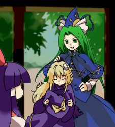 Rule 34 | 3girls, back bow, bandaid, bandaid on head, blonde hair, blue capelet, blue headwear, blue ribbon, blue skirt, blue vest, blunt bangs, bow, capelet, closed eyes, closed mouth, commentary request, crying, dress, green eyes, green hair, hakurei reimu, hakurei reimu (pc-98), hat, hat bow, unworn hat, hat ribbon, unworn headwear, highres, holding, holding clothes, holding hat, japanese clothes, kaigen 1025, kimono, kirisame marisa, kirisame marisa (pc-98), long hair, long skirt, long sleeves, miko, mima (touhou), multiple girls, parted bangs, purple bow, purple dress, purple hair, purple headwear, red bow, ribbon, sad, shirt, skirt, sweatdrop, torn clothes, touhou, touhou (pc-98), very long hair, vest, white kimono, white ribbon, white shirt, wide sleeves, witch hat, wizard hat, yellow bow