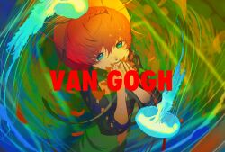 Rule 34 | 1girl, :d, braid, character name, dress, fate/grand order, fate (series), green dress, green eyes, hair ornament, hands up, jellyfish, long hair, long sleeves, looking at viewer, mizuna237, multicolored background, open mouth, red hair, smile, solo, van gogh (fate)