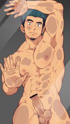 Rule 34 | 1boy, abs, against glass, bacchikoi!, bara, censored, completely nude, dark-skinned male, dark skin, erection, facial hair, forked eyebrows, hand on glass, highres, male focus, mazjojo, muscular, nipples, nude, pectorals, pectoral press, pectorals on glass, penis, solo, tadano genji, testicles, thighs, wallpaper