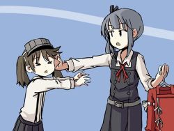 Rule 34 | &gt; &lt;, 2girls, brown hair, clothes hanger, commentary, dress, english commentary, grey hair, hair ribbon, height difference, japanese clothes, kantai collection, kariginu, kasumi (kancolle), multiple girls, open mouth, outstretched arm, pinafore dress, pleated skirt, reaching, ribbon, ryuujou (kancolle), side ponytail, sidelocks, sixten, skirt, sleeveless dress, suspenders, twintails, visor cap
