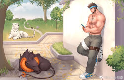 Rule 34 | 1boy, against wall, animal, bandaged leg, bandages, bara, beard, black fur, brown eyes, brown hair, brucie (infighter821), bulge, bush, cellphone, commission, cross, cross necklace, day, dungeon and fighter, facial hair, foot against wall, grass, grey pants, headband, highres, jewelry, kulolin, leather, leg belt, looking at phone, lying, male focus, male priest (dungeon and fighter), mature male, muscular, muscular male, necklace, on stomach, original, outdoors, pants, park, petals, phone, plant, shadow, shirt, shoes, signature, sleeping, smartphone, sneakers, socks, spiked hair, tail, thick eyebrows, thick thighs, thighs, tiger, tiger tail, tight clothes, topless male, tree, vines, wall, white fur, white socks, white tiger
