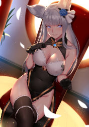 Rule 34 | 1girl, alternate costume, animal ears, back, black gloves, black thighhighs, blunt bangs, breasts, brooch, china dress, chinese clothes, cleavage cutout, clothing cutout, covered erect nipples, crossed legs, deras, dress, dutch angle, erune, flower, gloves, granblue fantasy, hair flower, hair ornament, hand on own chest, head tilt, jewelry, korwa, large breasts, no panties, parted lips, pelvic curtain, petals, side slit, sidelocks, silver hair, sitting, smile, solo, thighhighs