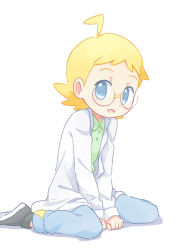 Rule 34 | 1boy, ahoge, akasaka (qv92612), blonde hair, buttons, clemont (pokemon), collared shirt, commentary request, creatures (company), game freak, glasses, green shirt, grey eyes, lab coat, long sleeves, looking at viewer, male focus, nintendo, open mouth, pants, pokemon, pokemon xy, shirt, shoes, sitting, smile, solo, tongue, white background