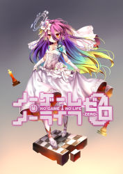 Rule 34 | 1girl, chess piece, clothes lift, dress, dress lift, flower hair ornament, glowing, glowing eyes, hair between eyes, hair ornament, halo, highres, joints, looking at viewer, multicolored hair, no game no life, no game no life zero, purple hair, robot ears, robot joints, shio, shuvi (no game no life), wedding dress, yellow eyes