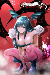 1girl black_nails blue_hair breasts capcom cleavage darkstalkers head_wings highres leotard long_hair looking_at_viewer morrigan_aensland pantyhose pink_pantyhose red_background shiratama_kotobuki smile solo squatting strapless strapless_leotard wings