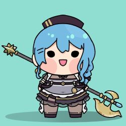 Rule 34 | 1girl, aqua background, bardiche (weapon), blue hair, braid, chibi, halberd, highres, holding, holding weapon, hololive, hoshimachi suisei, hoshimachi suisei (maid), lienliensn, maid, medium hair, open mouth, polearm, solo, virtual youtuber, weapon