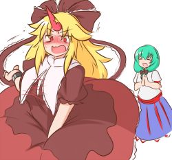 Rule 34 | 2girls, :d, blonde hair, blue skirt, bow, brown bow, brown dress, brown ribbon, closed eyes, cosplay, costume switch, cropped legs, cuffs, dress, frilled ribbon, frills, front ponytail, green hair, hair bow, hair ribbon, horns, hoshiguma yuugi, hoshiguma yuugi (cosplay), kagiyama hina, kagiyama hina (cosplay), long hair, looking at another, mizusoba, multiple girls, oni horns, open mouth, red eyes, ribbon, shackles, shirt, short sleeves, simple background, single horn, skirt, smile, sweat, touhou, v-shaped eyebrows, white background, white shirt