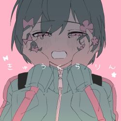 Rule 34 | 1girl, black hair, blue jacket, blush, bow, commentary, eiku, flower, hair bow, hair flower, hair ornament, hands on own cheeks, hands on own face, highres, jacket, kurari-chan (iyowa), kyu-kurarin (cevio), long sleeves, muted color, open mouth, pink background, pink bow, pink eyes, pink flower, short hair, solo, song name, track jacket, upper body