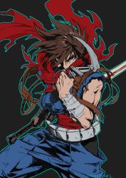 Rule 34 | 1boy, blue eyes, brown hair, indesign, male focus, manly, ninja, scarf, short hair, simple background, solo, strider (video game), strider hiryuu, weapon