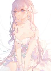 Rule 34 | 1girl, absurdres, blush, bow, breasts, collar, dress, earrings, hair bow, highres, jewelry, kneeling, long hair, purple eyes, purple hair, simple background, sitting, torano, wariza, white background