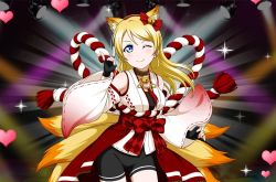 Rule 34 | 1girl, ;), alternate hairstyle, animal ears, artist name, artist request, ayase eli, bare shoulders, bell, black gloves, black pants, black shorts, blonde hair, blue eyes, blush, bow, breasts, checkered bow, checkered clothes, choker, collarbone, detached sleeves, female focus, fingerless gloves, fox ears, fox tail, gloves, hair between eyes, hair bow, hairband, japanese clothes, kimono, long hair, long sleeves, looking at viewer, love live!, love live! school idol festival, love live! school idol project, multiple tails, neck bell, obi, on stage, one eye closed, pants, parted lips, ponytail, red bow, red hairband, rope, sash, shimenawa, short shorts, shorts, small breasts, smile, solo, sparkle, stage, stage lights, tail, white kimono, wide sleeves, wink