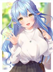 Rule 34 | 1girl, ahoge, bag, belt, black skirt, blue hair, blue nails, blurry, blurry background, blush, breasts, brown bag, fangs, half updo, hand up, handbag, heart, heart ahoge, highres, hololive, jewelry, large breasts, long hair, long sleeves, looking at viewer, nail polish, necklace, open mouth, plaid, plaid skirt, pointy ears, skirt, solo, sosuke (yrmon), sweater, virtual youtuber, white sweater, yellow eyes, yukihana lamy
