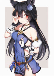 Rule 34 | 1girl, animal ears, bare shoulders, belt, belt buckle, black hair, blue dress, blue flower, blush, bridal gauntlets, brown background, brown belt, buckle, collarbone, commentary request, cowboy shot, crying, crying with eyes open, dress, erune, flower, gin00, granblue fantasy, grey background, hair between eyes, hair flower, hair ornament, halterneck, hand up, heart, heart-shaped buckle, highres, long hair, looking at viewer, nier (granblue fantasy), red eyes, solo, tears, two-tone background, very long hair, wiping tears