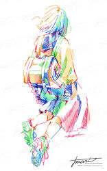 Rule 34 | 1girl, arms at sides, artist name, backpack, bag, colorful, commentary request, facing away, from behind, full body, hatching (texture), highres, long sleeves, original, partial commentary, pleated skirt, sailor collar, sailor shirt, school bag, school uniform, serafuku, shirt, shoes, short hair, signature, skirt, sleeves past wrists, sneakers, socks, solo, watanabe tomari, watermark
