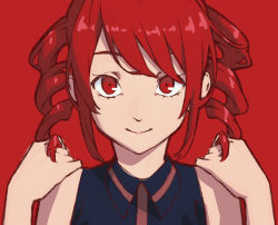 Rule 34 | 1girl, bare shoulders, black shirt, commentary, drill hair, hands on own shoulders, kasane teto, looking at viewer, portrait, red background, red eyes, red hair, shirt, short hair, sleeveless, sleeveless shirt, smile, solo, twin drills, twintails day, utau, yasutange