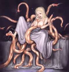 Rule 34 | 1girl, barefoot, giving birth, blonde hair, breast hold, breasts, cauldron (artist), character request, copyright request, creature inside, feet, footjob, nipples, open mouth, paizuri, parasite, soles, solo, tagme, tentacles, toes, tongue, tongue out
