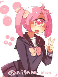 Rule 34 | 1girl, :d, ahoge, arched back, blush, cyclops, fang, heart, heart-shaped pupils, leaning forward, muroku (aimichiyo0526), necktie, one-eyed, open mouth, original, pink eyes, pink hair, pink necktie, pleated skirt, school uniform, serafuku, simple background, skirt, smile, solo, symbol-shaped pupils, twitter username, two side up, v, viewfinder, white background