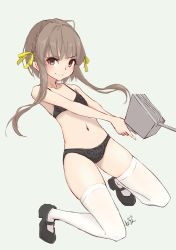 Rule 34 | 1girl, adapted turret, black bra, black panties, bra, braid, breasts, brown eyes, brown hair, cannon, highres, kantai collection, looking at viewer, mary janes, neve (morris-minicooper), panties, shoes, short hair, short hair with long locks, simple background, small breasts, smile, solo, thighhighs, turret, ukuru (kancolle), underwear, underwear only, white background, white thighhighs