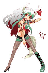 Rule 34 | 1girl, asana, asymmetrical clothes, asymmetrical footwear, bad id, bad pixiv id, boots, caved (touhou), ex-keine, female focus, fishnet pantyhose, fishnets, green hair, high heels, horn ornament, horn ribbon, horns, idol, kamishirasawa keine, long hair, markings, microphone, middle finger, midriff, mismatched footwear, pantyhose, red eyes, ribbon, shoes, solo, tail, touhou, white hair