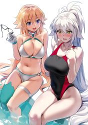 Rule 34 | 2girls, :d, absurdres, adapted costume, ahoge, aqua thighhighs, arm support, bare legs, bare shoulders, bikini, black-framed eyewear, black one-piece swimsuit, blonde hair, blue eyes, blush, breasts, cleavage, collarbone, competition swimsuit, covered navel, crossed legs, embarrassed, unworn eyewear, fate/grand order, fate (series), gloves, grey hair, hair between eyes, hand on own chest, high ponytail, highleg, highleg swimsuit, highres, holding, holding removed eyewear, huge filesize, jeanne d&#039;arc alter (swimsuit berserker) (fate), jeanne d&#039;arc (fate), jeanne d&#039;arc (ruler) (fate), jeanne d&#039;arc (swimsuit archer) (fate), jeanne d&#039;arc (swimsuit archer) (second ascension) (fate), jeanne d&#039;arc alter (fate), jeanne d&#039;arc alter (swimsuit berserker) (fate), large breasts, long hair, looking away, looking down, multiple girls, navel, nose blush, o-ring, o-ring bikini, o-ring bottom, o-ring top, one-piece swimsuit, open mouth, pale skin, ponytail, pool, poolside, round teeth, scan, simple background, single thighhigh, sitting, smile, soaking feet, stomach, sweat, swimsuit, teeth, thigh strap, thighhighs, upper teeth only, v-shaped eyebrows, very long hair, water, white background, white bikini, white gloves, yd (orange maru)