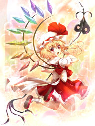 Rule 34 | 1girl, blonde hair, blush, bow, crystal, fang, female focus, flandre scarlet, from behind, hat, highres, jumping, laevatein, looking back, mary janes, mount whip, open mouth, red eyes, shoes, socks, solo, touhou, window, wings