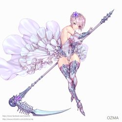 Rule 34 | 1girl, armor, artstation username, braid, breasts, closed mouth, covered erect nipples, covered navel, crown braid, eyelashes, facebook username, flower, frilled skirt, frills, full body, gluteal fold, groin, hair bun, hair flower, hair ornament, high heels, highleg, highleg leotard, highres, holding, holding polearm, holding spear, holding weapon, legs together, leotard, looking at viewer, medium breasts, original, ozma, parted lips, polearm, purple eyes, purple lips, purple thighhighs, scythe, short hair, showgirl skirt, simple background, single hair bun, skirt, solo, spear, strapless, strapless leotard, swept bangs, thigh gap, thighhighs, watermark, weapon, web address, white background, white skirt