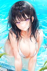 Rule 34 | 1girl, absurdres, bikini, black hair, breasts, cleavage, commentary request, highres, large breasts, leaning forward, long hair, looking at viewer, mole, mole under eye, original, partially submerged, purple eyes, signature, smile, solo, swimsuit, twitter username, utsuhostoria, wet, wet hair, white bikini