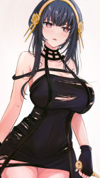 Rule 34 | 1girl, bad id, bad pixiv id, bare arms, bare shoulders, black dress, black gloves, black hair, breasts, cleavage, commentary, cowboy shot, dress, fingerless gloves, gloves, gradient background, hairband, highres, holding, holding weapon, large breasts, looking at viewer, parted lips, pencil dress, pink eyes, reverse grip, shiratsuki (1ka6969), short hair with long locks, solo, spy x family, standing, torn clothes, torn dress, weapon, yellow hairband, yor briar