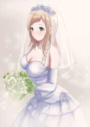 Rule 34 | 1girl, blush, bouquet, breasts, brown eyes, brown hair, cleavage, collarbone, dot nose, dress, elbow gloves, flower, gloves, gradient background, hair flower, hair ornament, highres, holding, holding bouquet, idolmaster, idolmaster shiny colors, jewelry, long hair, looking at another, medium breasts, nakonako, necklace, rose, sakuragi mano, simple background, smile, solo, standing, veil, wedding dress, white background, white flower, white rose