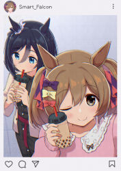 Rule 34 | 2girls, absurdres, animal ears, black dress, black hair, blush, bow, brown hair, brown jacket, bubble tea, casual, chipushishi, collarbone, collared shirt, commentary request, dress, drinking, drinking straw, eishin flash (umamusume), fake screenshot, hair bow, hair ornament, hair ribbon, hair scrunchie, highres, horse ears, instagram, jacket, looking at viewer, multiple girls, one eye closed, open clothes, open jacket, pink shirt, ribbon, scrunchie, selfie, shirt, short hair, smart falcon (umamusume), smile, umamusume, yellow eyes